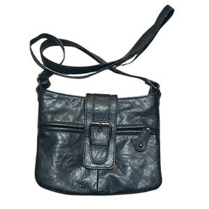 Aldo Black Vegan Leather Crossbody Bag Small Lightweight Purse‎ Buckle Silver